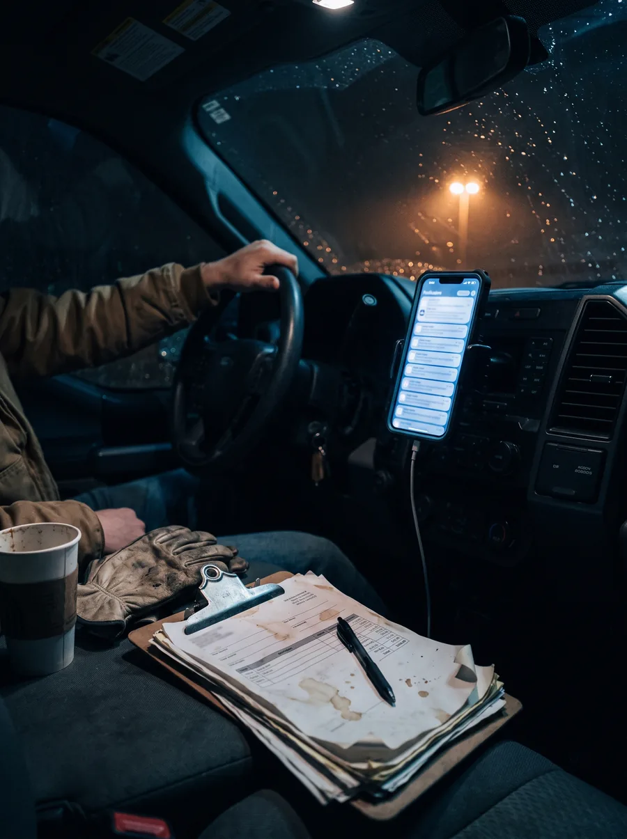 A work truck cab late at night, a phone glowing with notifications and a stack of paper quotes on the seat